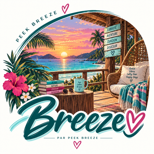 Illustration Peek Breeze Breeze inspirée des vacances au bord de l’eau, dans des tons turquoise, rose et beige, ambiance plage et évasion.