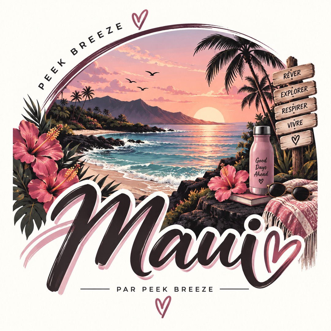 Illustration Peek Breeze Maui inspirée d’un coucher de soleil tropical, dans des tons rose et noir, ambiance plage, voyage et évasion.