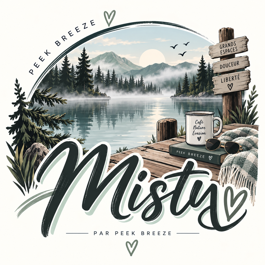 Illustration Misty de Peek Breeze représentant un lac entouré de montagnes et de sapins, avec une tasse sur un quai.
