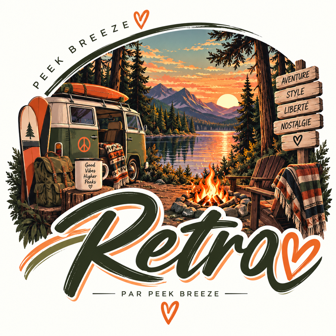 Illustration Peek Breeze Retro inspirée du camping et des grands espaces, avec ambiance vintage, nature, feu de camp et aventure.