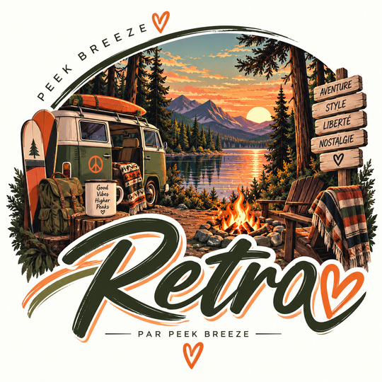 Illustration Peek Breeze Retro inspirée du camping et des grands espaces, avec ambiance vintage, nature, feu de camp et aventure.