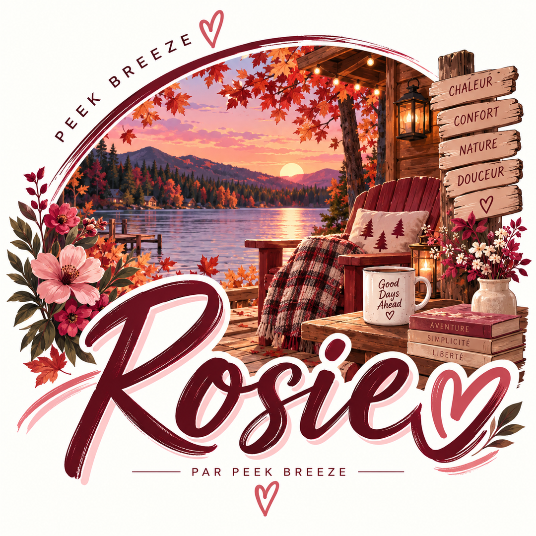 Illustration Peek Breeze Rosie inspirée de l’automne au chalet, dans des tons rose terre et bourgogne, ambiance chaleureuse et confortable.