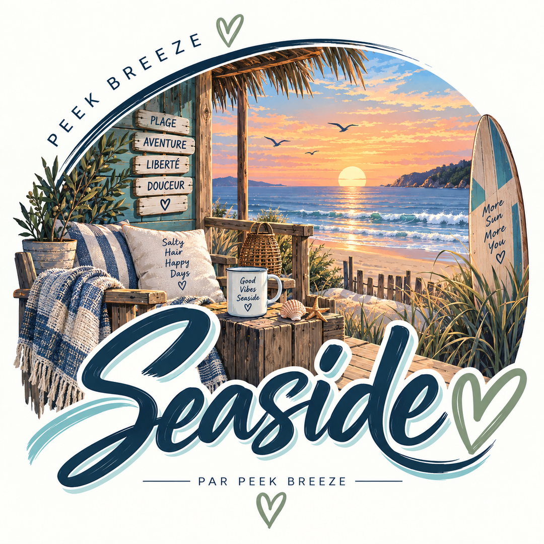 Illustration Peek Breeze Seaside inspirée du bord de mer, dans des tons bleu marine, bleu pâle et vert, ambiance plage et liberté.