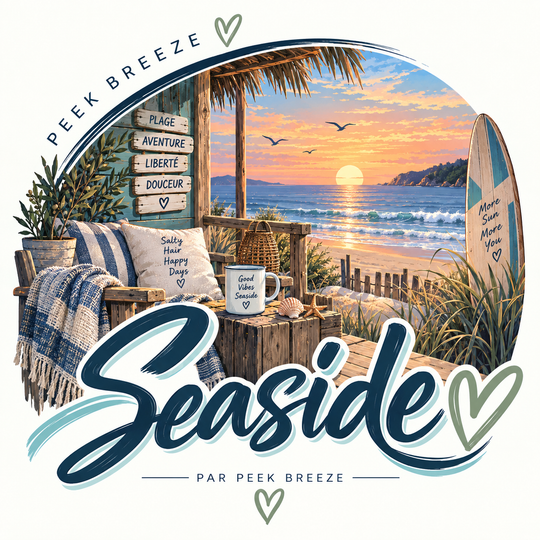 Illustration Peek Breeze Seaside inspirée du bord de mer, dans des tons bleu marine, bleu pâle et vert, ambiance plage et liberté.