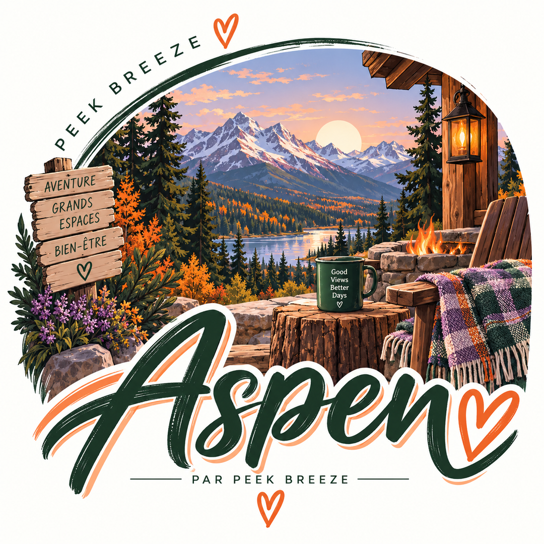 Illustration Peek Breeze Aspen inspirée des montagnes et du chalet, dans des tons mauve, vert forêt et orange, ambiance plein air et confort.