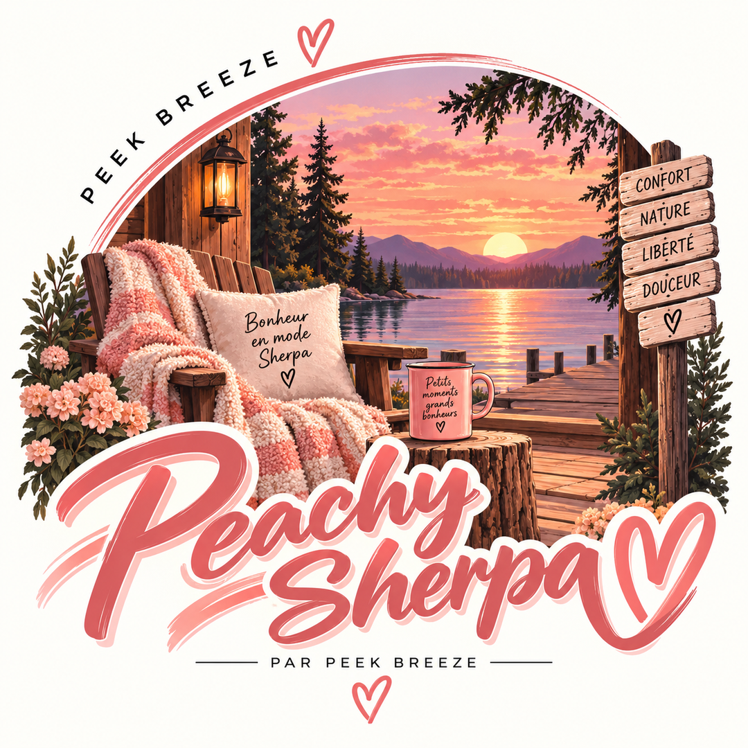 Illustration Peek Breeze Peachy Sherpa inspirée du chalet au bord du lac, dans des tons beige, rose pâle et corail, ambiance chaleureuse et confortable.