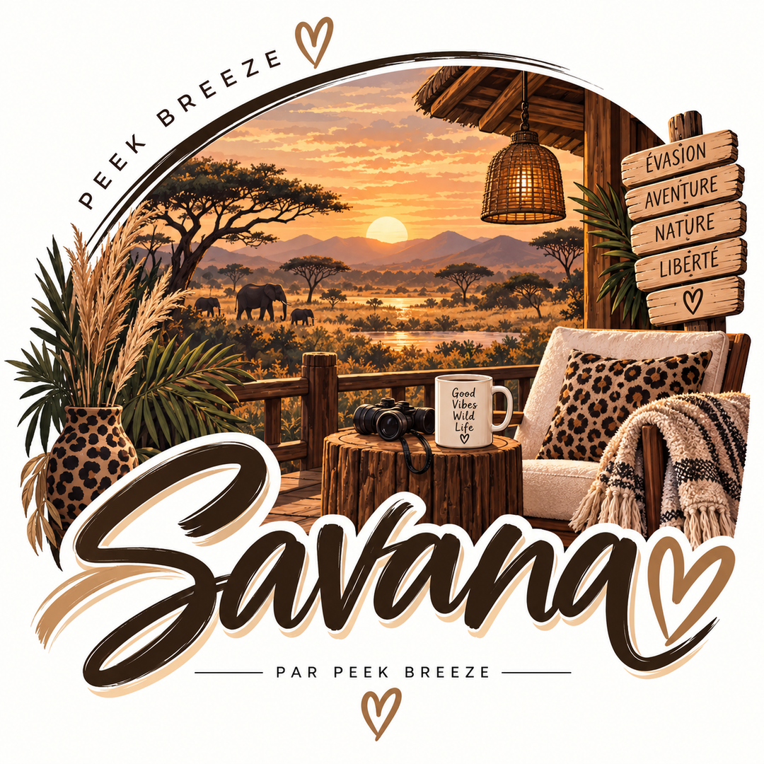 Illustration Peek Breeze Savana inspirée de la savane, dans des tons beige, brun et noir avec détails léopard, ambiance nature et aventure.