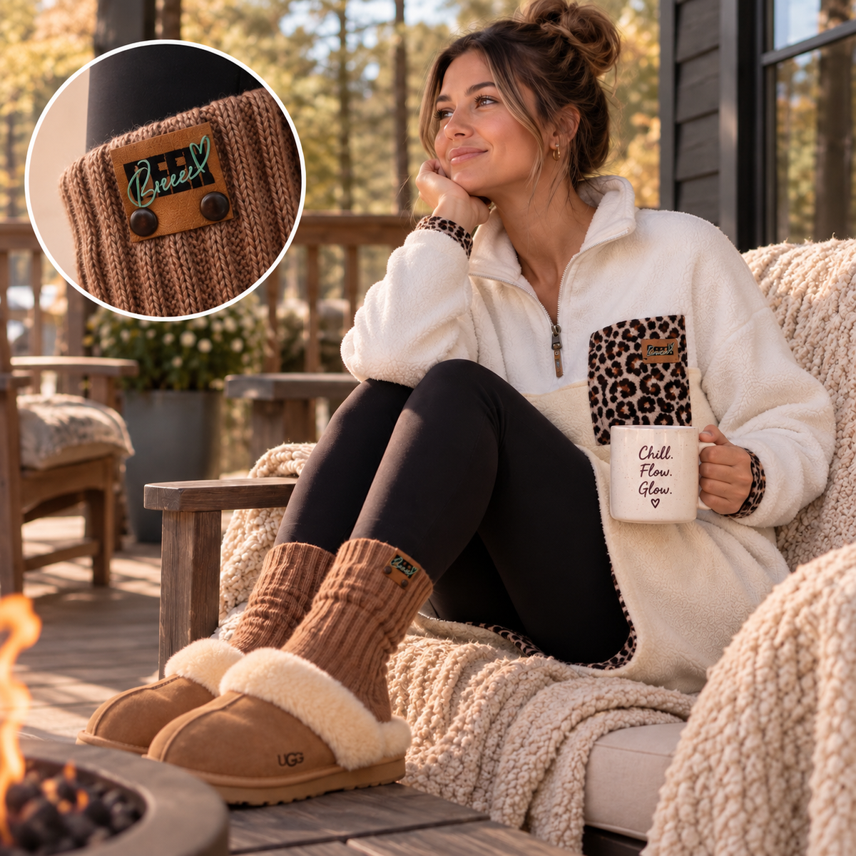 Femme portant les bas cocooning caramel Peek Breeze avec legging noir et pantoufles sur un patio cosy