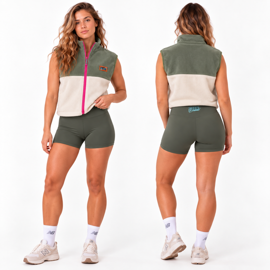 Cuissard FLOW kaki foncé pour femme, coupe courte et taille mi-haute – vue avant et dos
