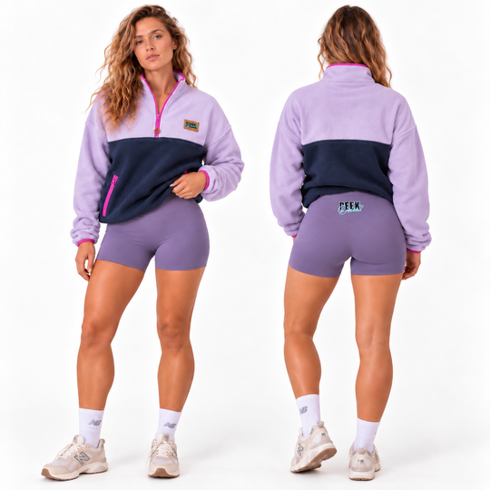 Cuissard FLOW lilas foncé pour femme, coupe courte et taille mi-haute – vue avant et dos