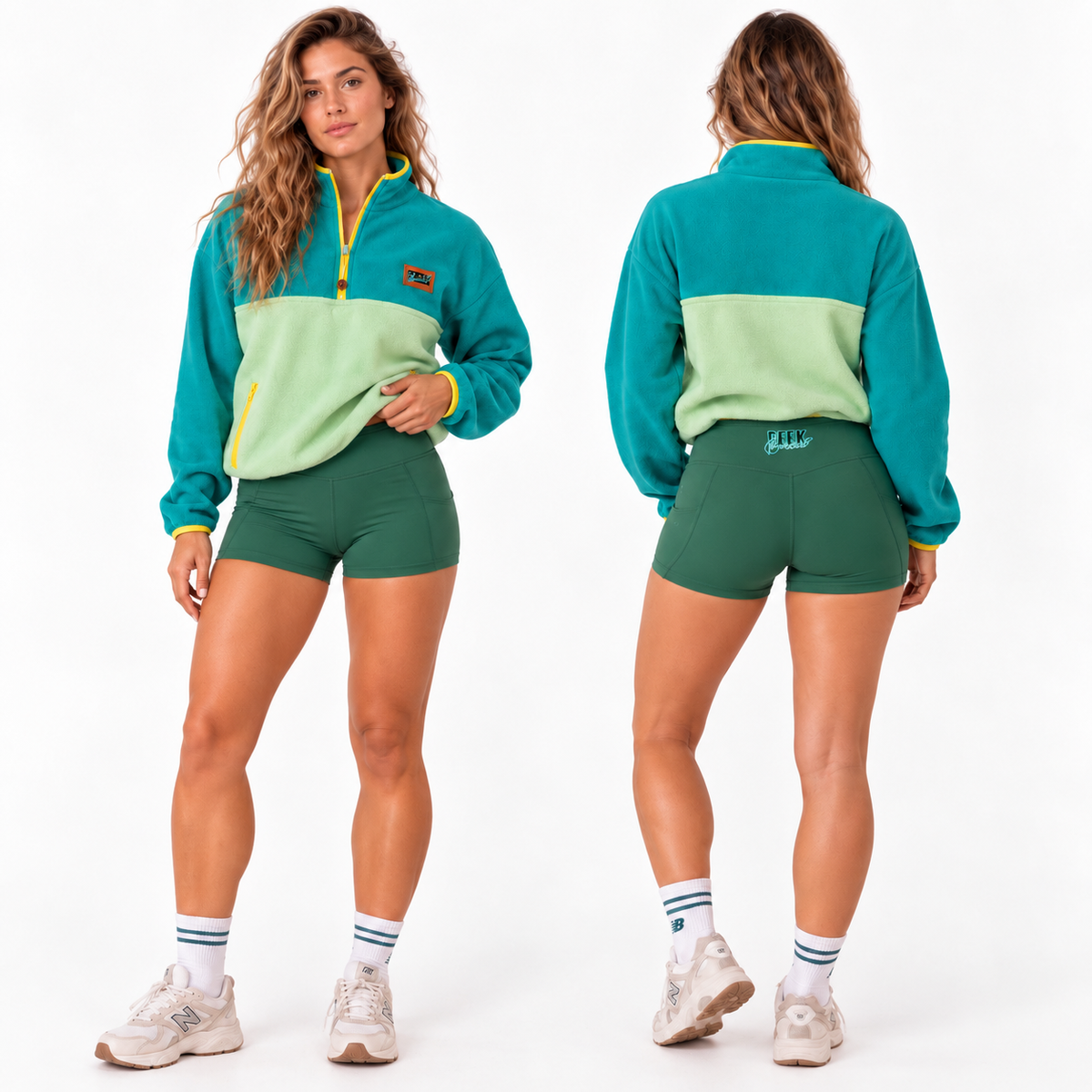 Cuissard FLOW vert pour femme, coupe courte et taille mi-haute – vue avant et dos