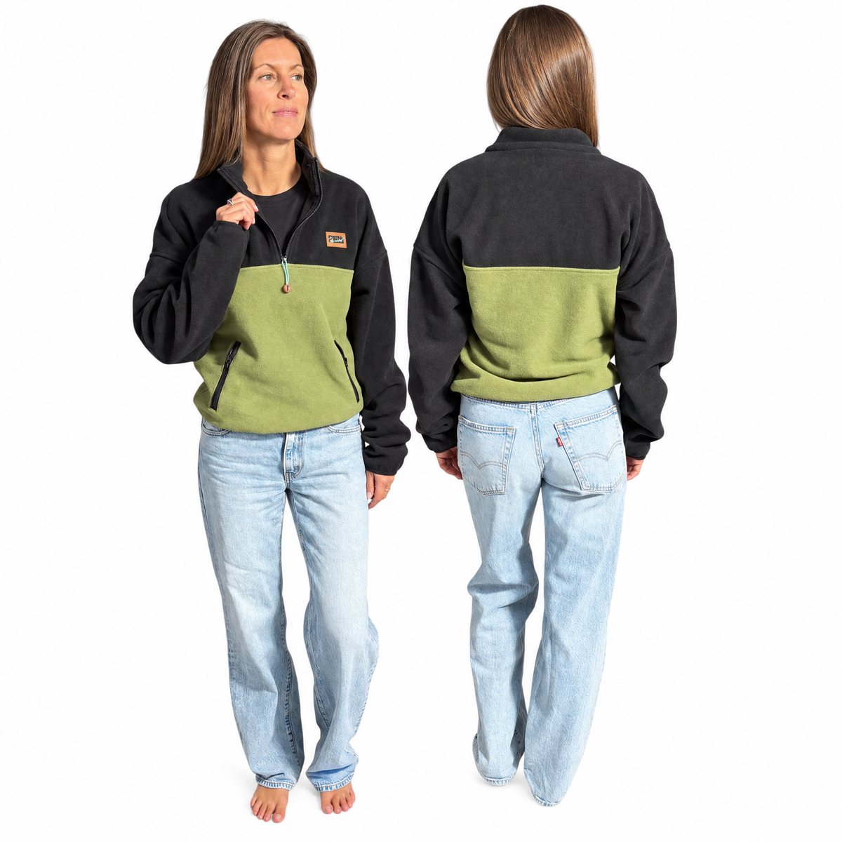 Polar court Haven noir et kaki Peek Breeze pour femme, demi-zip, vue de face et de dos sur fond blanc