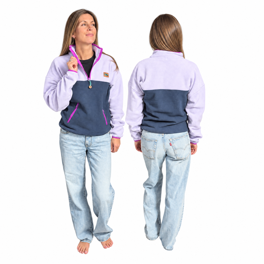 Polar court Ibiza lilas et marine Peek Breeze pour femme, demi-zip, vue de face et de dos sur fond blanc