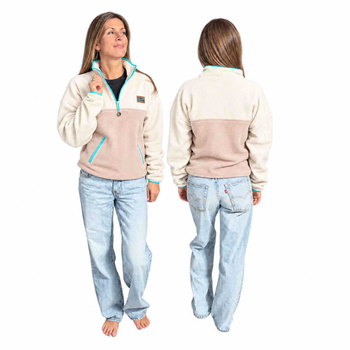 Polar court Oasis ivoire et beige sable Peek Breeze pour femme, demi-zip, vue de face et de dos sur fond blanc