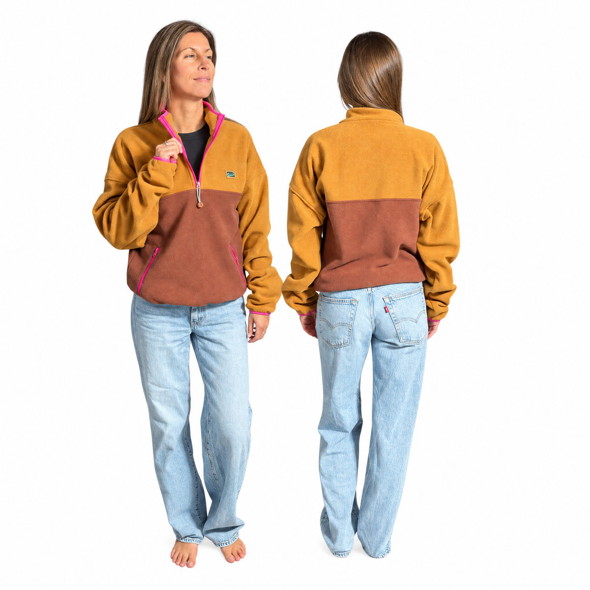 Polar court Toffee caramel et brun Peek Breeze pour femme, demi-zip fuchsia, vue de face et de dos sur fond blanc