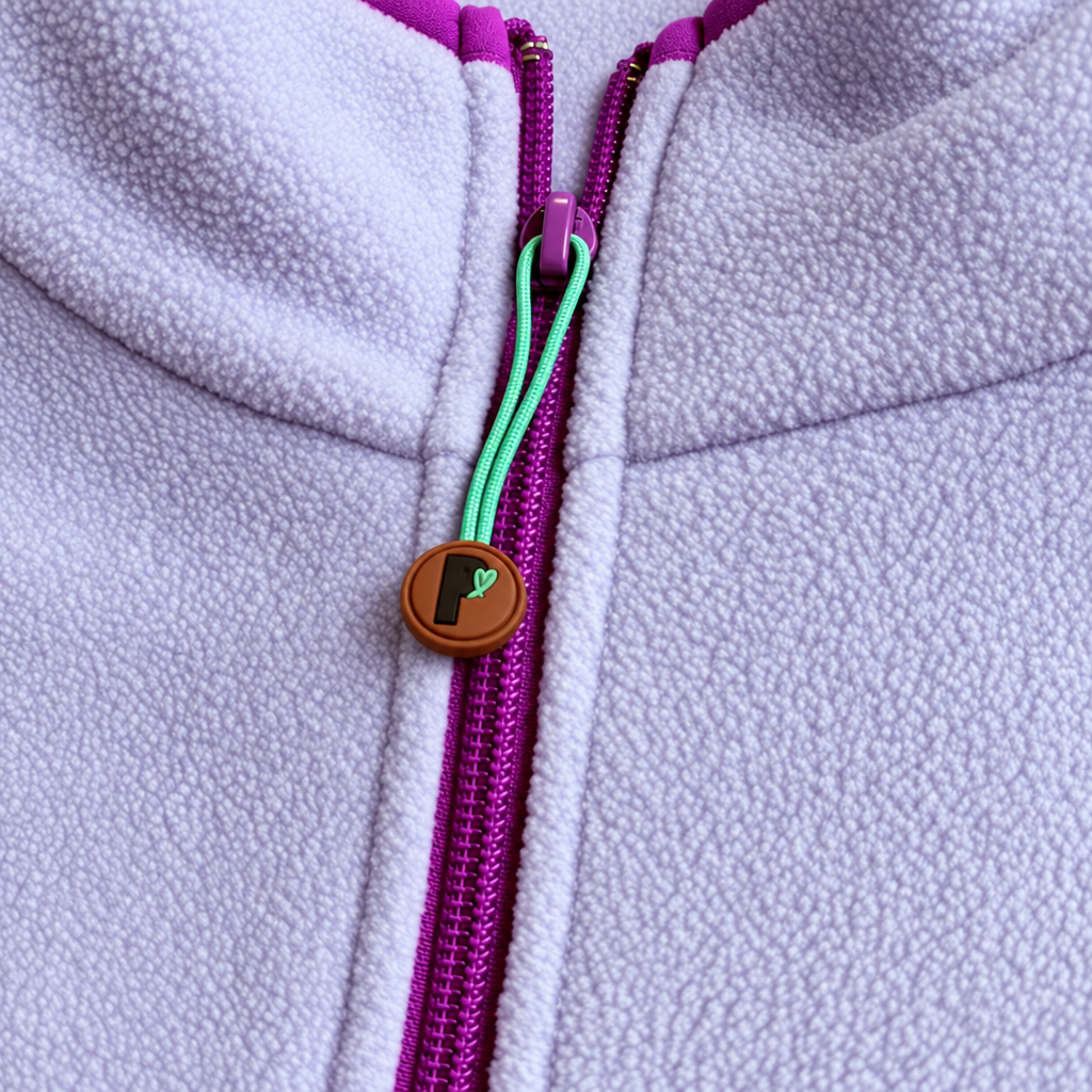 Gros plan du polar brossé lilas Peek Breeze avec fermeture éclair fuchsia et tirette menthe au logo P