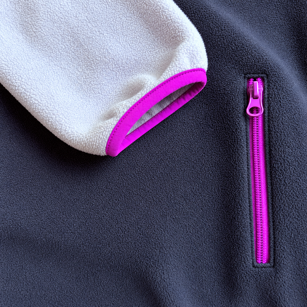 Détail de la poche zippée fuchsia sur le polar marine et du poignet lilas bordé de fuchsia, Peek Breeze
