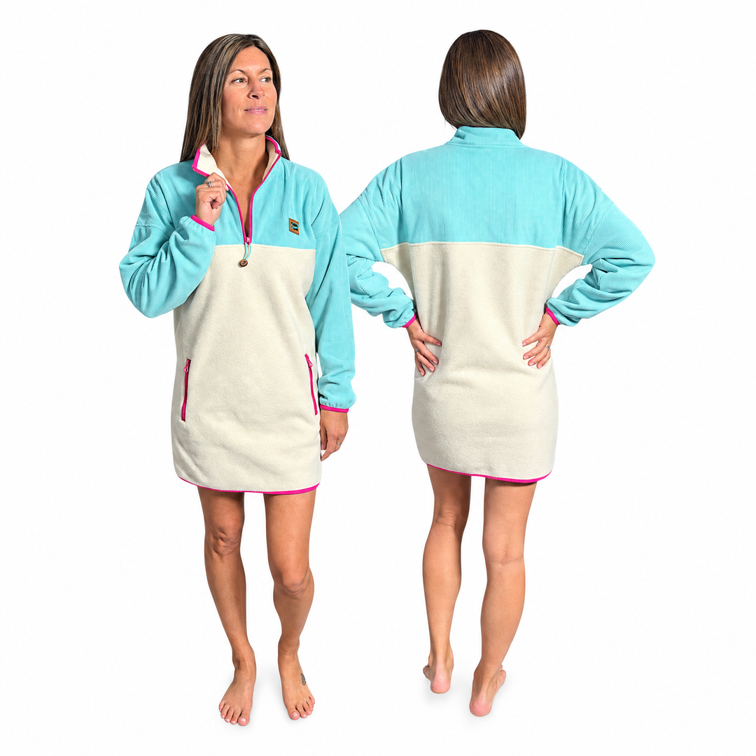 Robe polar Breeze turquoise, beige et rose en polar et velours côtelé Peek Breeze, vue de face et de dos sur fond blanc