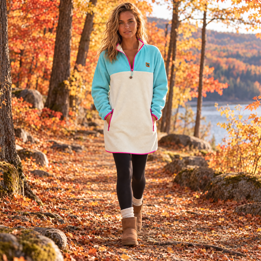 Femme blonde portant la robe polar Breeze turquoise et beige Peek Breeze, marchant dans un sentier en forêt à l’automne