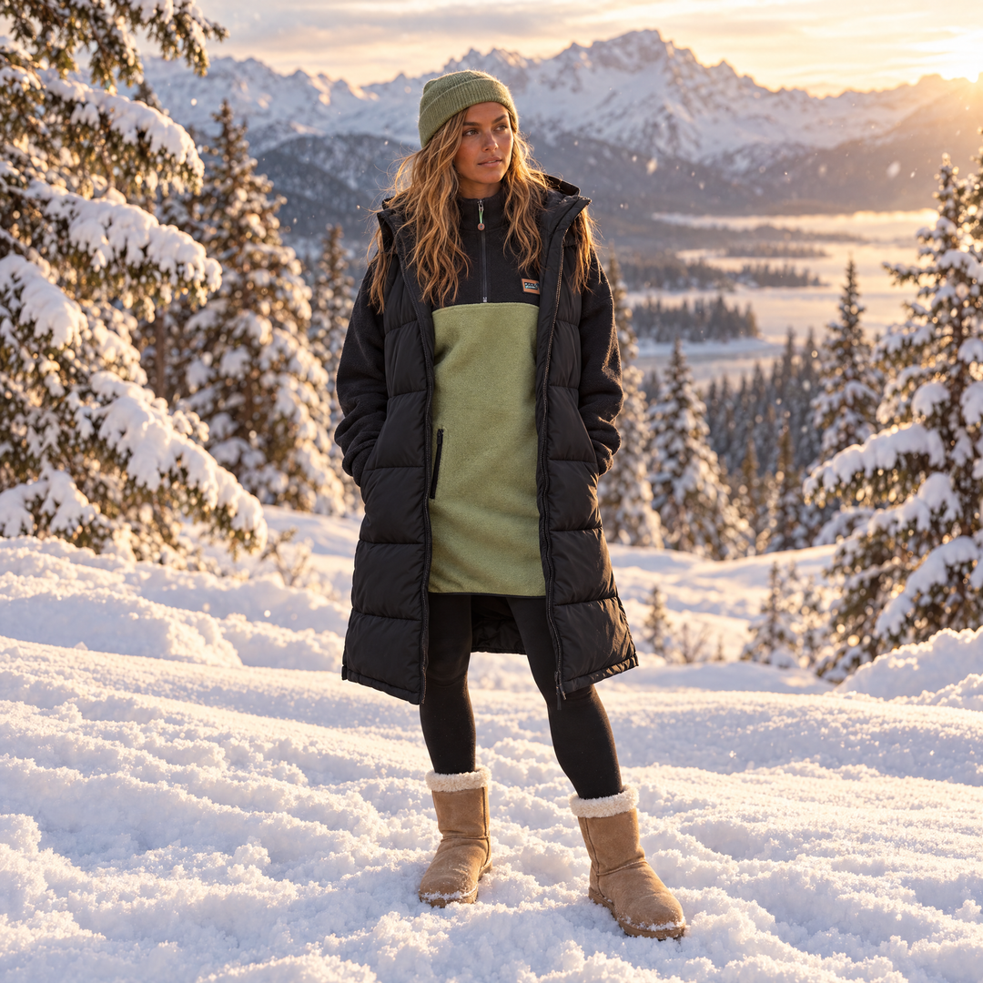 Femme portant la robe polar Haven kaki et noir Peek Breeze sous une longue veste matelassée noire sans manches, dans un paysage d’hiver enneigé avec sapins et montagnes