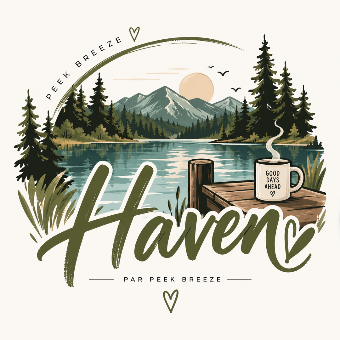 Illustration de la robe polar Haven de Peek Breeze, inspirée d’un lac en montagne et de la nature, dans des tons kaki, vert forêt et turquoise.