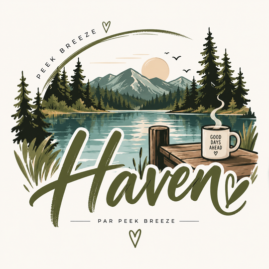 Illustration de la robe polar Haven de Peek Breeze, inspirée d’un lac en montagne et de la nature, dans des tons kaki, vert forêt et turquoise.