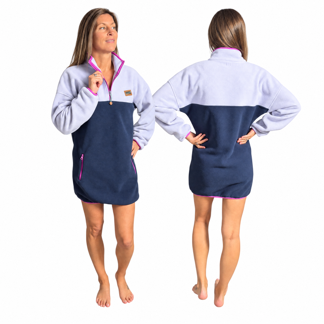Robe polar Ibiza lilas, marine et fuchsia Peek Breeze, demi-zip, vue de face et de dos sur fond blanc