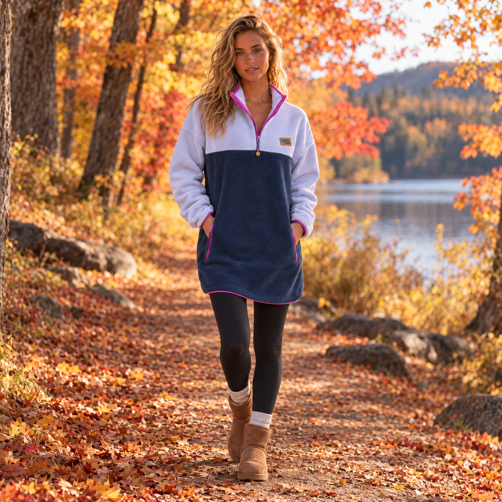 Femme blonde portant la robe polar Ibiza lilas et marine Peek Breeze, marchant dans un sentier en forêt à l’automne