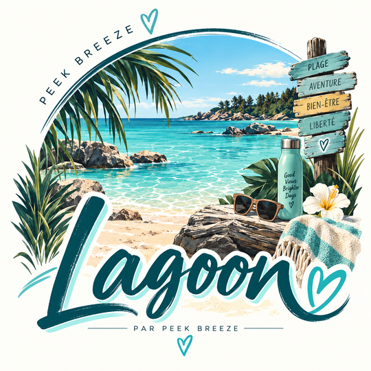 Illustration de la robe polar Lagoon de Peek Breeze, inspirée d’un lagon turquoise et de la plage, dans des tons turquoise, vert océan et jaune.