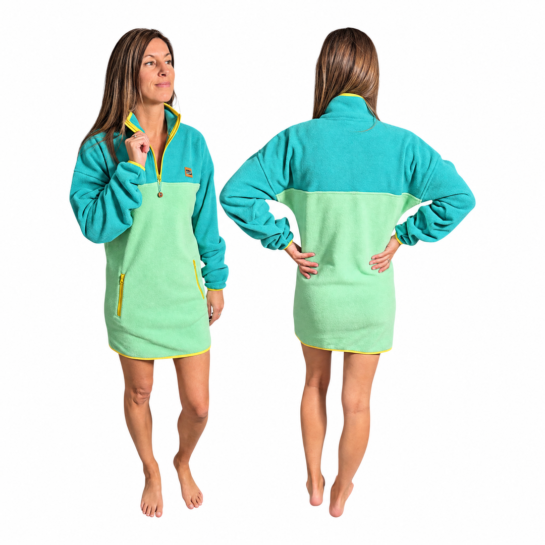 Robe polar Lagoon vert océan et menthe Peek Breeze, demi-zip jaune, vue de face et de dos sur fond blanc