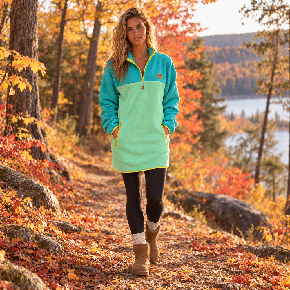 Femme blonde portant la robe polar Lagoon vert océan et menthe Peek Breeze, marchant dans un sentier en forêt à l’automne
