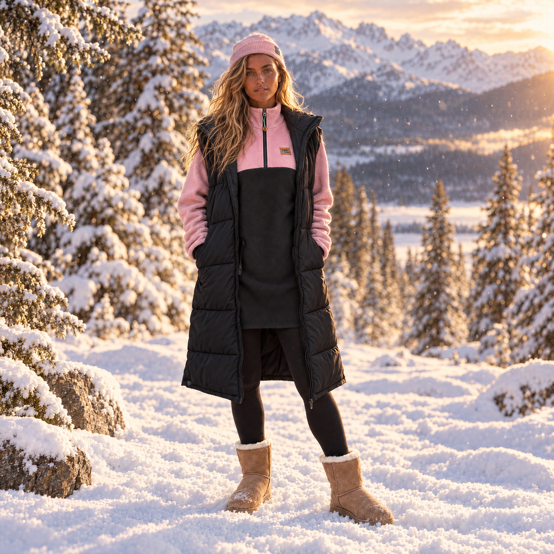 Femme portant la robe polar Maui rose et noir Peek Breeze sous une longue veste matelassée noire sans manches, dans un paysage d’hiver enneigé avec sapins et montagnes