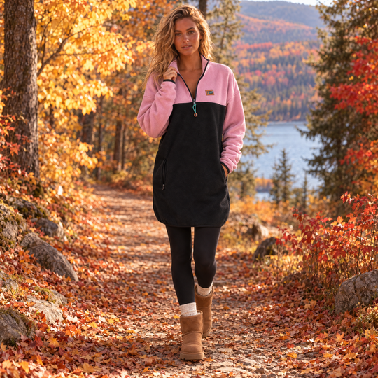 Femme blonde portant la robe polar Maui rose et noir Peek Breeze, marchant dans un sentier en forêt à l’automne