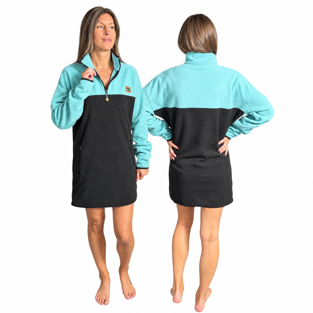 Robe polar Misty bleu menthe et noir Peek Breeze, demi-zip et poches zippées, vue de face et de dos sur fond blanc