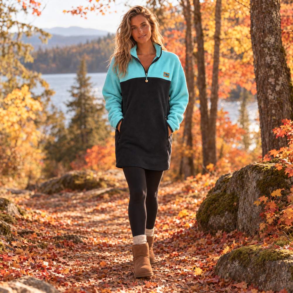 Femme blonde portant la robe polar Misty bleu menthe et noir Peek Breeze, marchant dans un sentier en forêt à l’automne