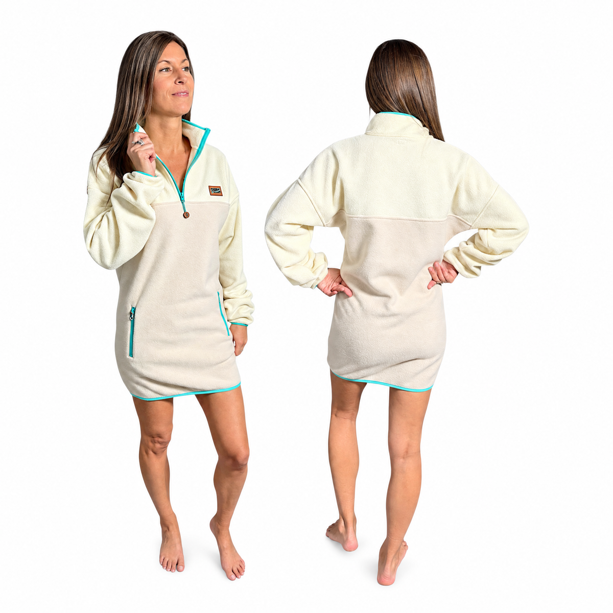 Robe polar Oasis ivoire, beige sable et turquoise Peek Breeze, demi-zip, vue de face et de dos sur fond blanc