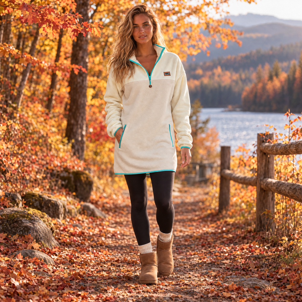 Femme blonde portant la robe polar Oasis ivoire et beige sable Peek Breeze, marchant dans un sentier en forêt à l’automne
