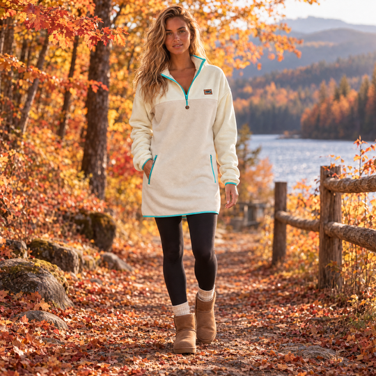 Femme blonde portant la robe polar Oasis ivoire et beige sable Peek Breeze, marchant dans un sentier en forêt à l’automne