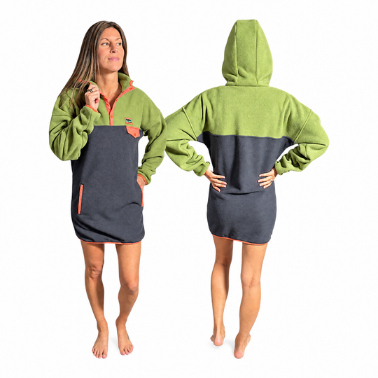 Robe polar Retro kaki et marine avec finitions corail Peek Breeze, vue de face et de dos sur fond blanc