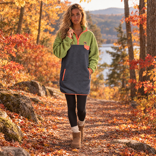Femme blonde portant la robe polar Retro kaki et marine Peek Breeze, marchant dans un sentier en forêt à l’automne