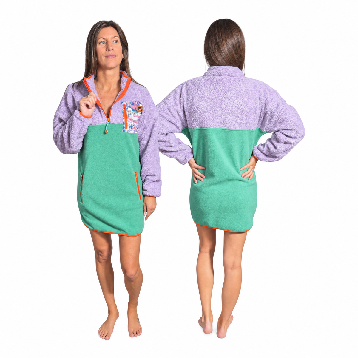 Robe Sherpa Aspen lavande et vert sauge avec zipper orange Peek Breeze, vue de face et de dos sur fond blanc