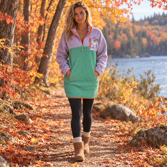 Femme blonde portant la robe Sherpa Aspen lavande et vert sauge Peek Breeze, marchant dans un sentier en forêt à l’automne