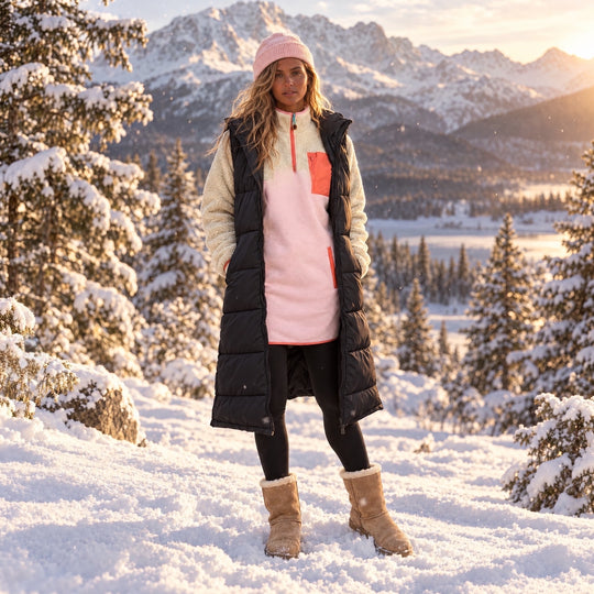 Femme portant la robe Sherpa Peachy beige et rose pâle Peek Breeze sous une longue veste matelassée noire sans manches, dans un paysage d’hiver enneigé avec sapins et montagnes