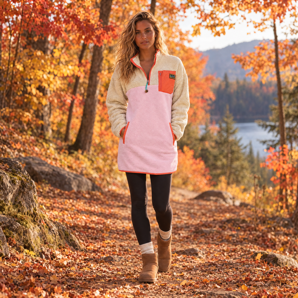 Femme blonde portant la robe Sherpa Peachy beige et rose pâle Peek Breeze, marchant dans un sentier en forêt à l’automne
