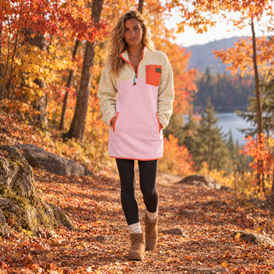 Femme blonde portant la robe Sherpa Peachy beige et rose pâle Peek Breeze, marchant dans un sentier en forêt à l’automne