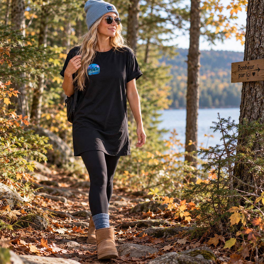 Robe T-shirt Nomad noire portée avec legging et bottes dans un sentier en forêt