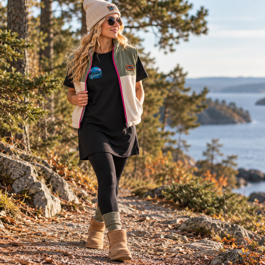 Robe T-shirt Nomad noire portée avec legging et veste sans manches Peek Breeze