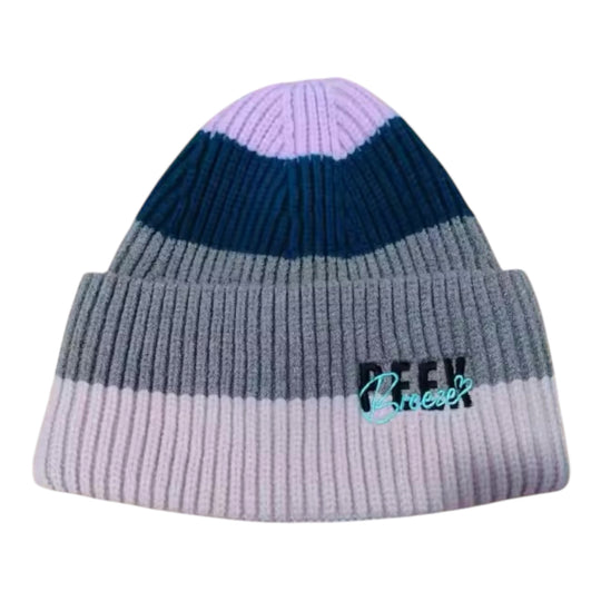Tuque femme Ibiza Peek Breeze en tricot côtelé lilas, gris et bleu marine