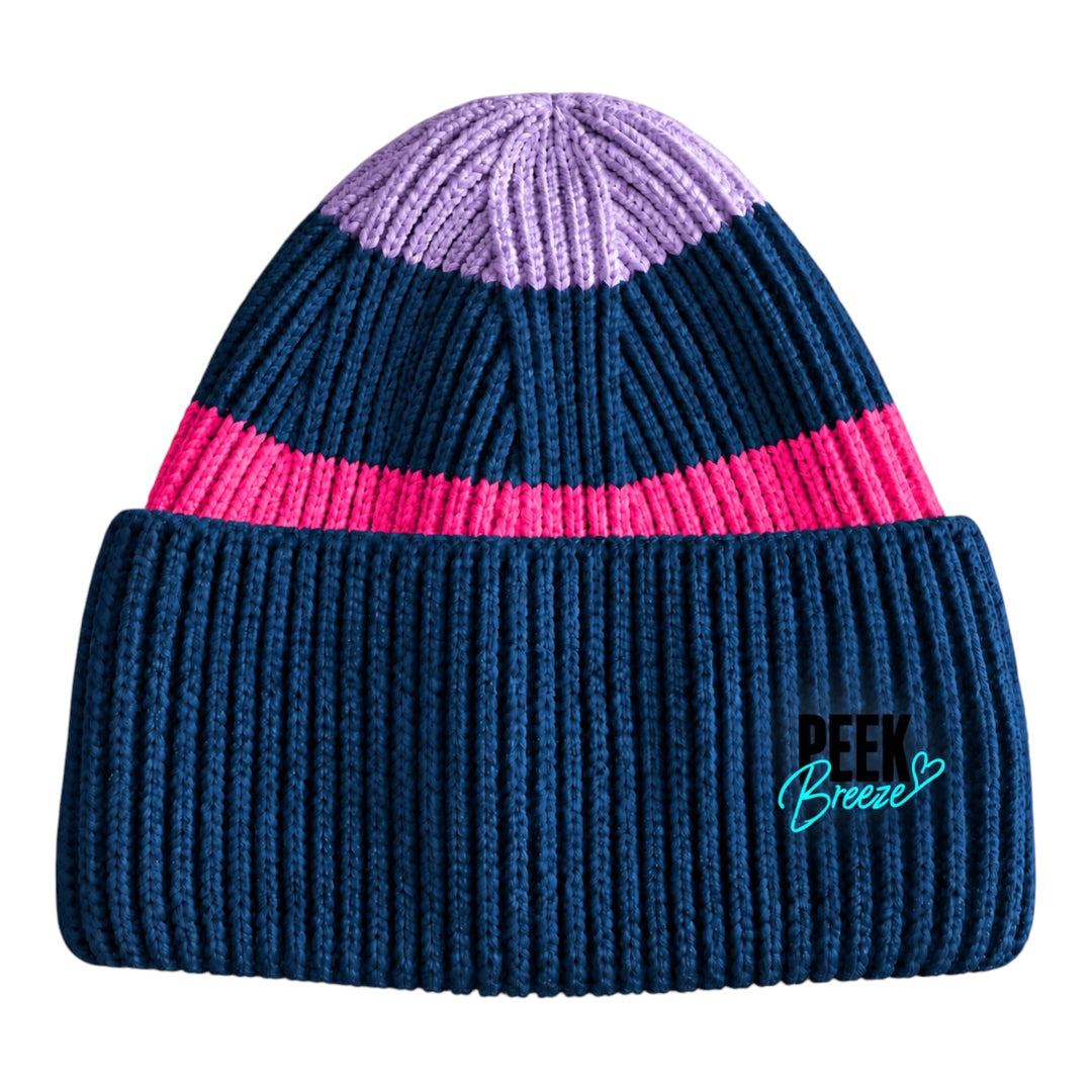 Tuque femme Ibiza Peek Breeze en tricot côtelé marine, lilas et rose