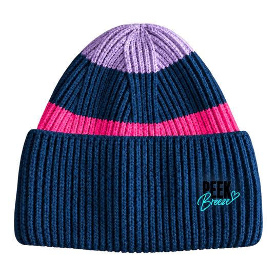 Tuque femme Ibiza Peek Breeze en tricot côtelé marine, lilas et rose